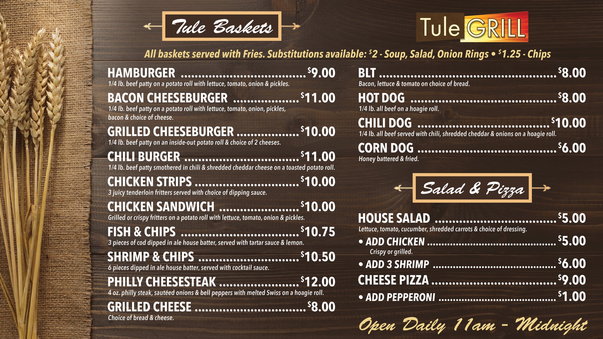 Tule Grill menu: Tule Baskets (burgers, hot dogs, sandwiches) and Salad & Pizza